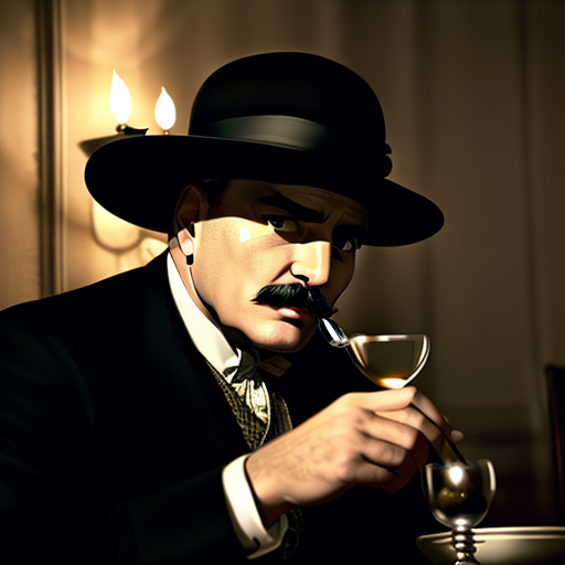 Poirot's watchful gaze lands on a corner of the dining table where Basil, under dim candlelight, fumbles nervously with his wine glass, unable to meet anyone's eyes, a hint of panic in his demeanor.